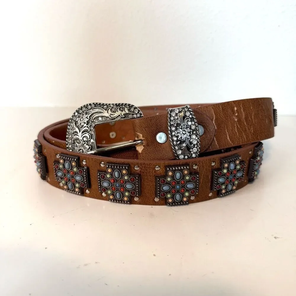 Vintage P & G Multicolored Studded Cross Belt Size XL‎ - DAMAGED